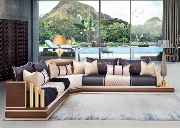 Salon marocain (sedari) en bois foncé marron et doré, modèle sur mesure avec livraison et installation gratuites dans les Alpes-Maritimes